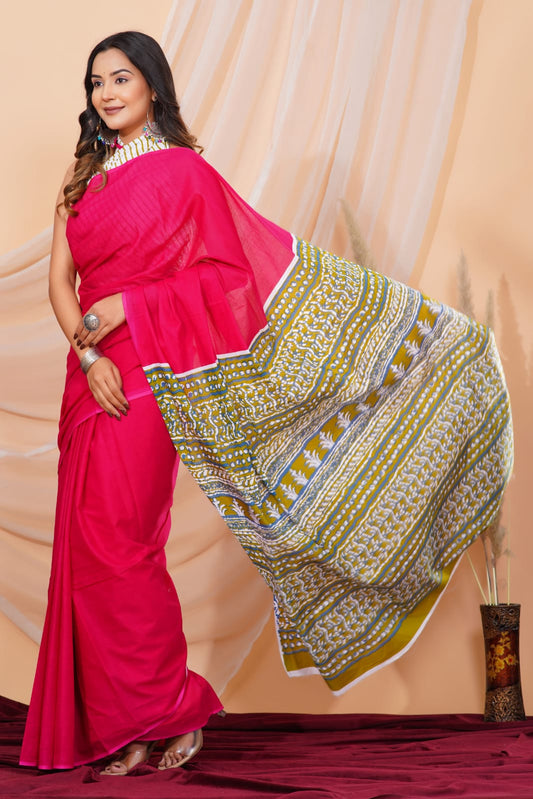 Rani Pink Mulmul Cotton Saree
