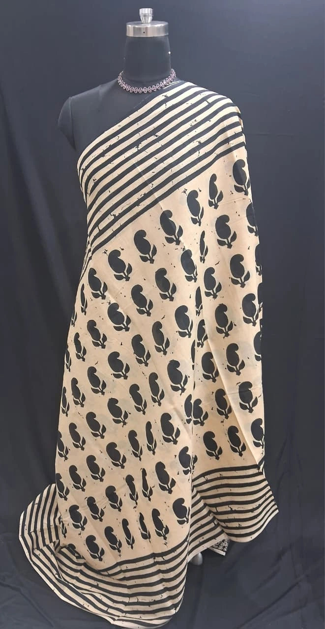 Black and Beige Block Print Mulmul Cotton Saree