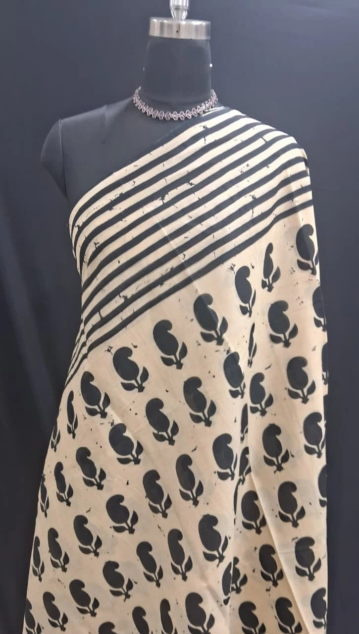 Black and Beige Block Print Mulmul Cotton