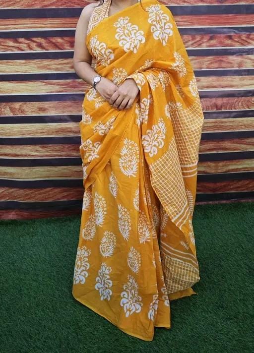 Mango Yellow Mulmul Cotton Saree