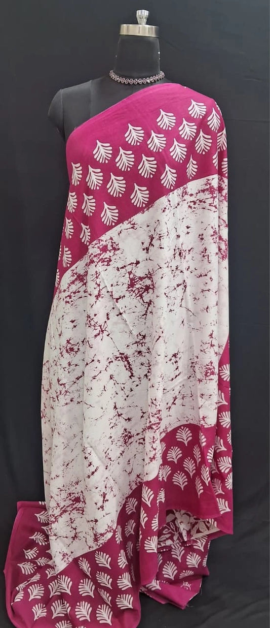 White & Magenta Mulmul Cotton Saree with Leaf Block Print