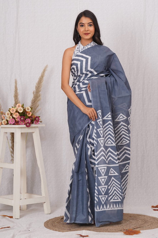Grey Mulmul Cotton Saree