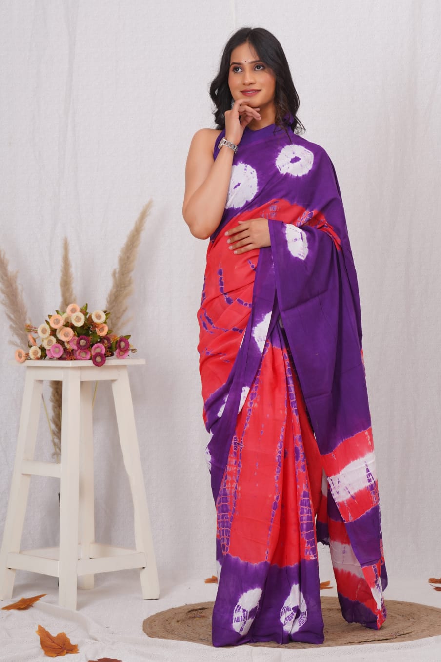 Vibrant Purple & Crimson Tie-Dye Mulmul Cotton Saree