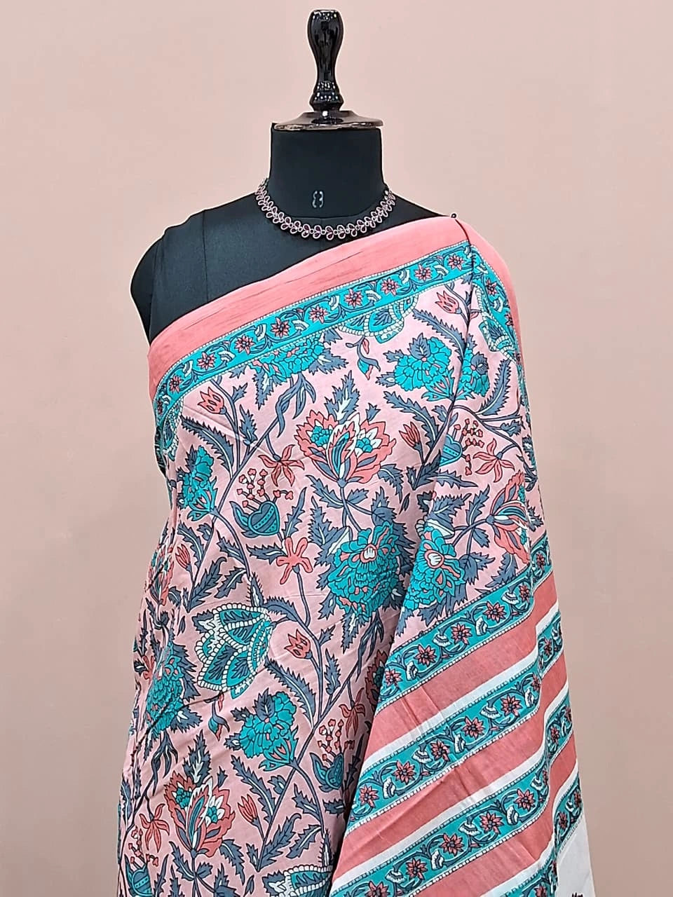 Pastel Pink & Teal Blue Floral Print Mulmul Cotton Saree 1