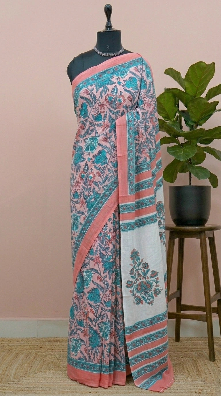 Pastel Pink & Teal Blue Floral Print Mulmul Cotton Saree