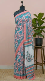 Pastel Pink & Teal Blue Floral Print Mulmul Cotton Saree