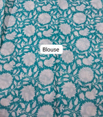 Pastel Pink & Teal Blue Floral Print Mulmul Cotton Saree Blouse