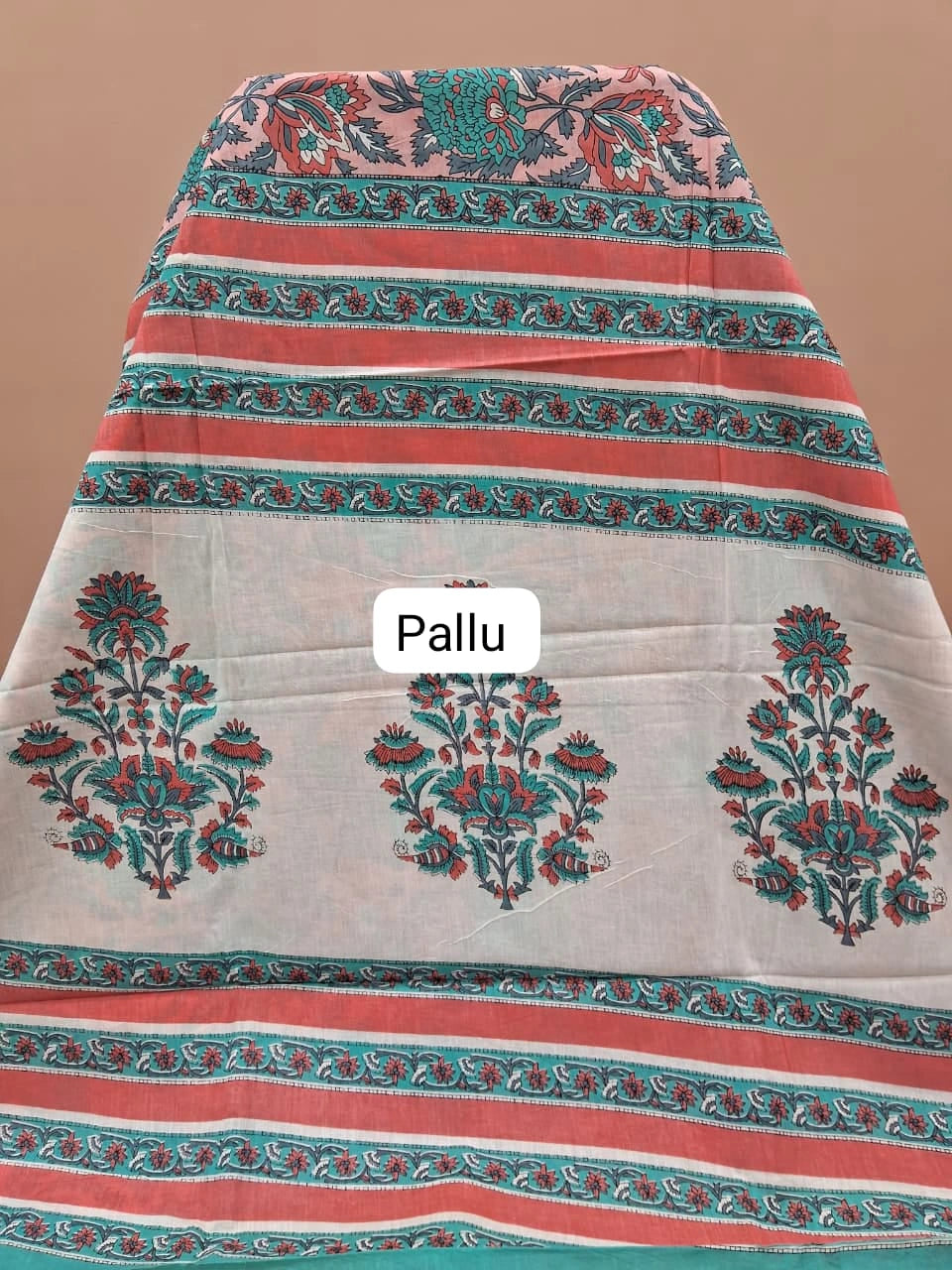 Pastel Pink & Teal Blue Floral Print Mulmul Cotton Saree Pallu