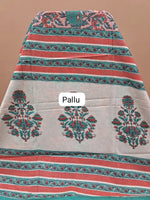 Pastel Pink & Teal Blue Floral Print Mulmul Cotton Saree Pallu