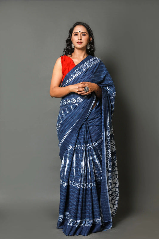 Indigo Blue Mulmul Cotton Saree