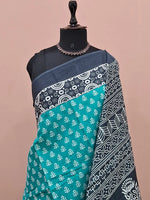 Elegant Caribbean Blue Mulmul Cotton Saree 1
