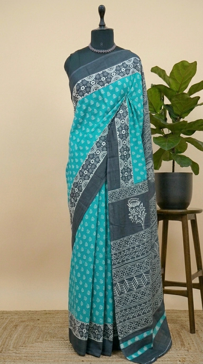 Elegant Caribbean Blue Mulmul Cotton Saree