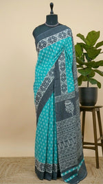 Elegant Caribbean Blue Mulmul Cotton Saree