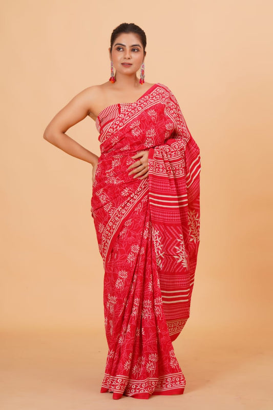 Reddish Pink Mulmul Cotton Saree 