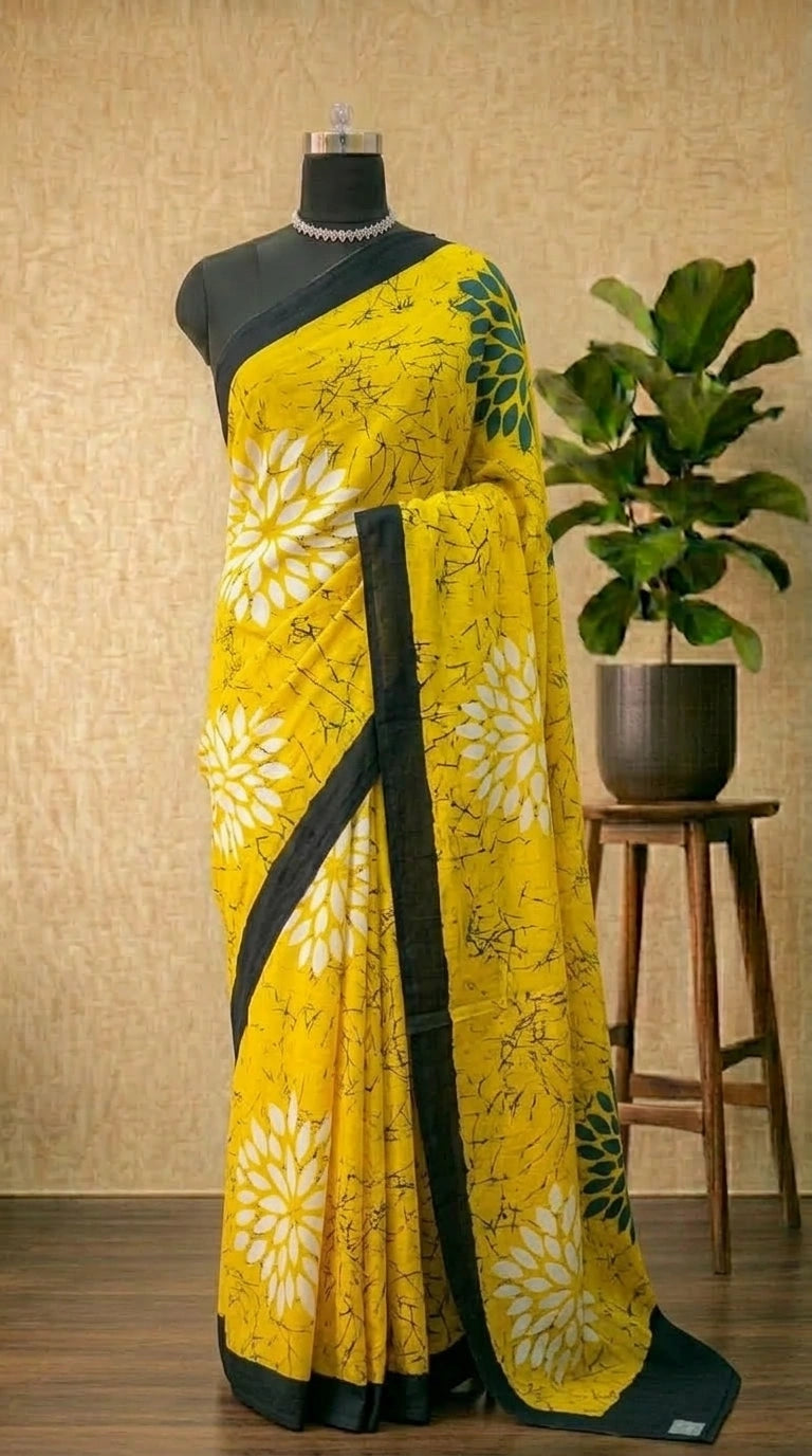 yellow mulmul cotton saree
