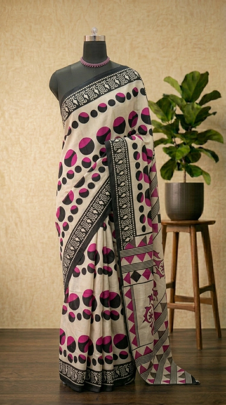 Cream, Black, and Magenta Geometric & Polka Dot Mulmul Cotton Saree
