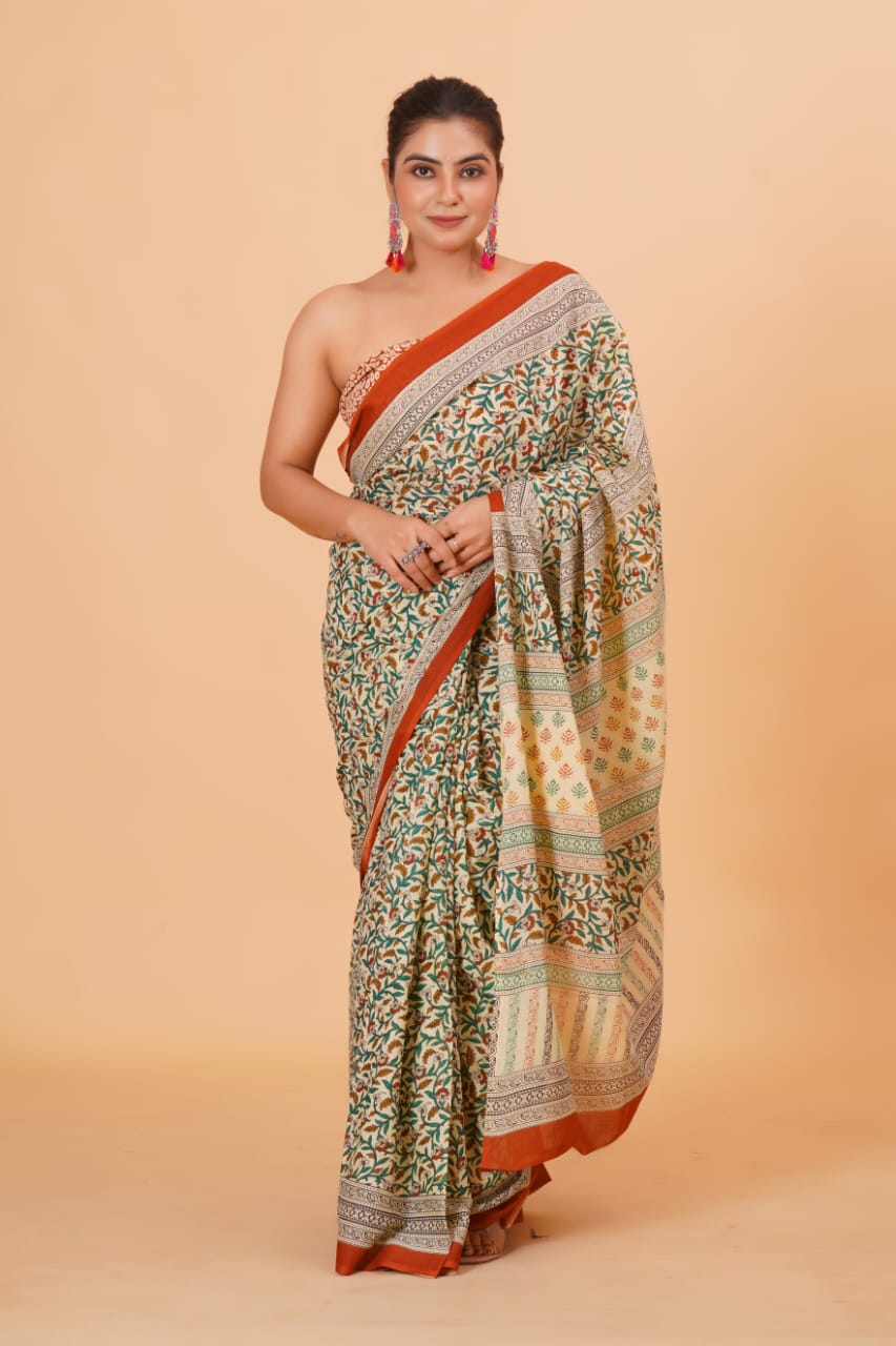 Beige Mulmul Cotton Saree