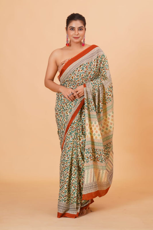 Beige Mulmul Cotton Saree