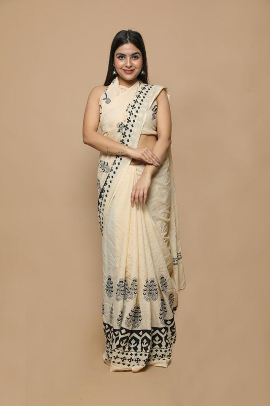 Cream mulmul cotton saree