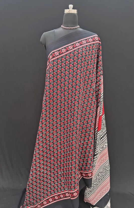  Maroon & Black Handblock Printed Mulmul Cotton Saree