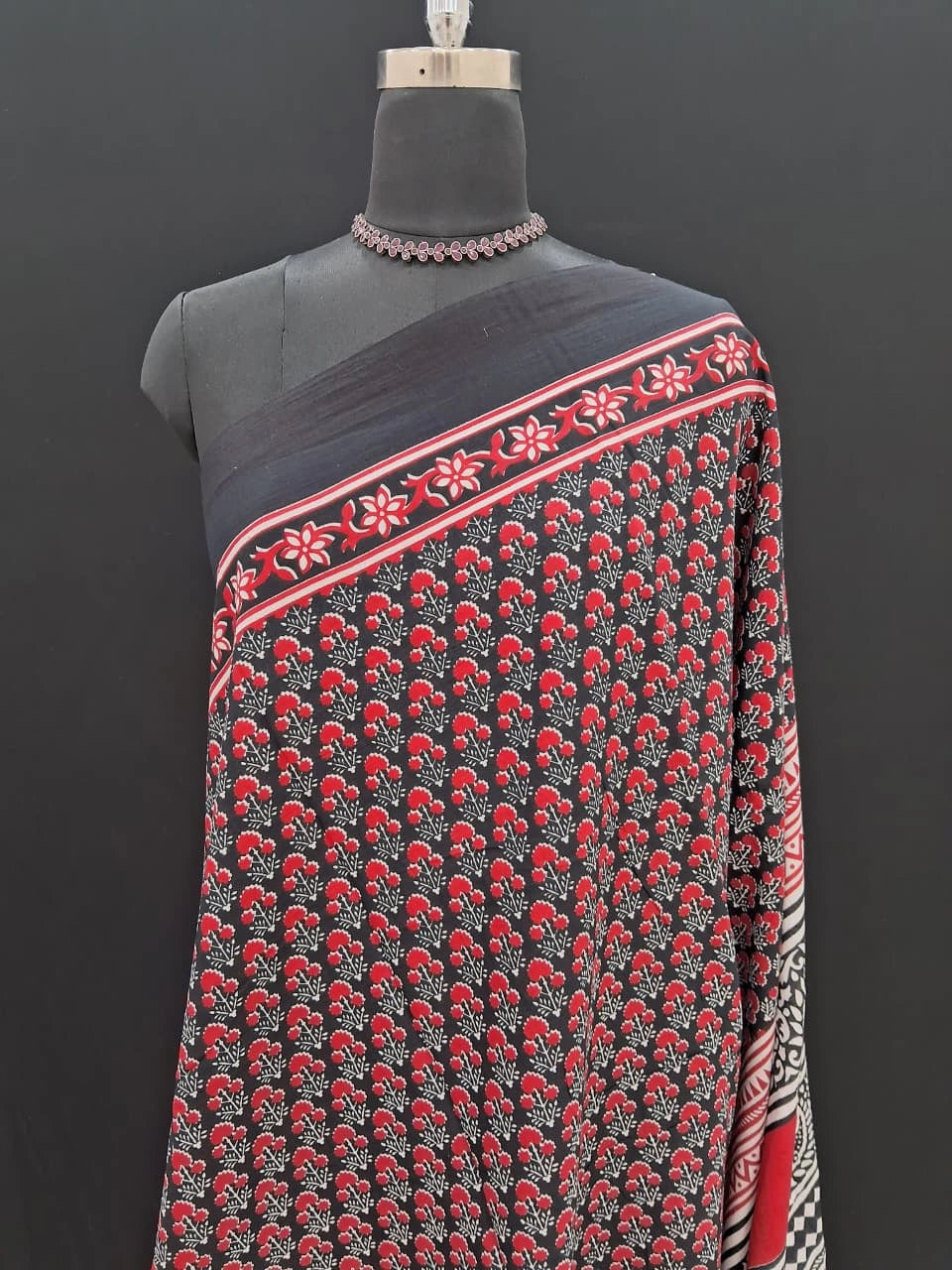 Maroon & Black Handblock Printed Mulmul Cotton
