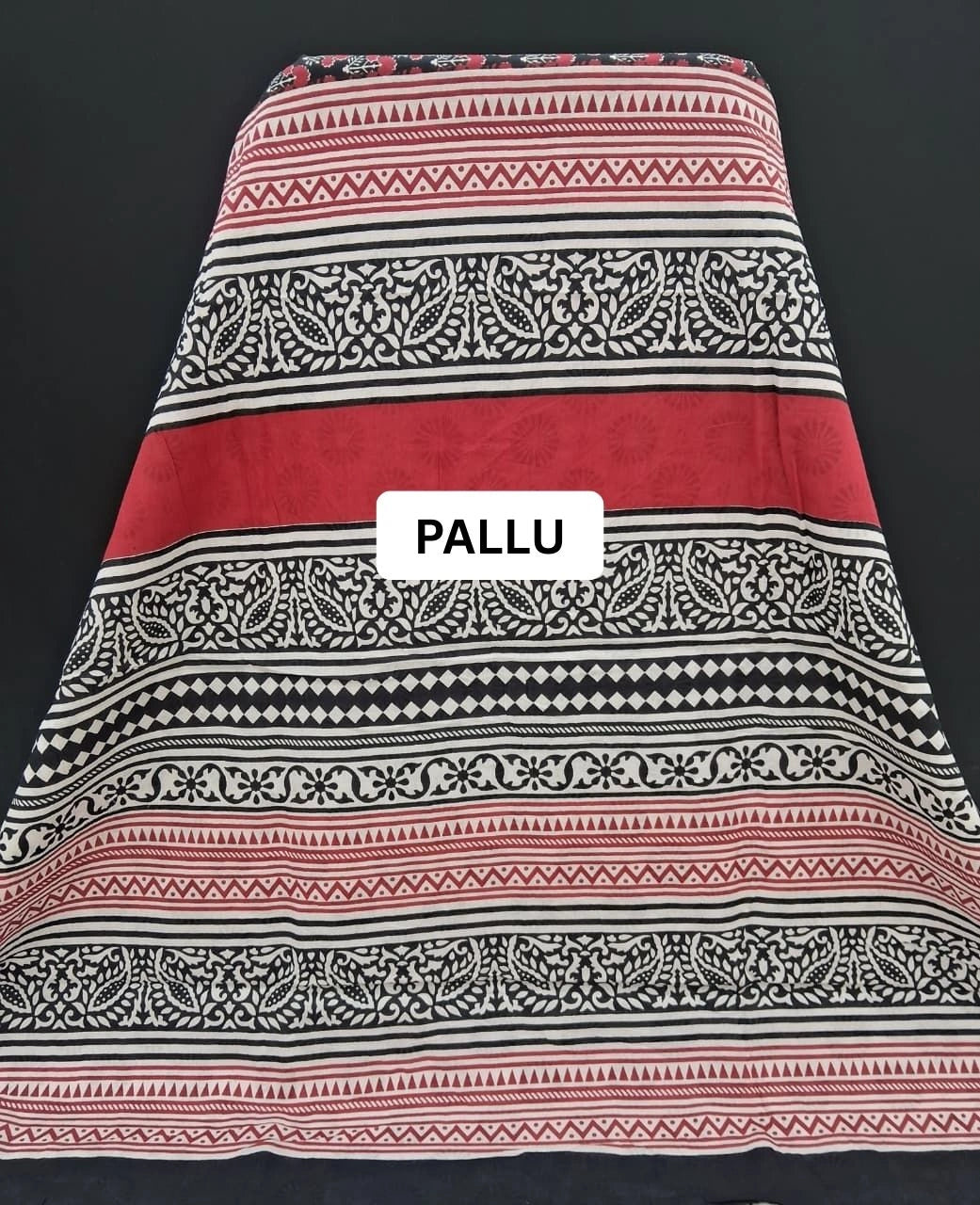  Maroon & Black Handblock Printed Mulmul Cotton Saree pallu