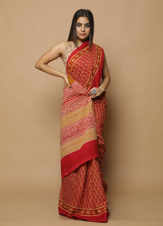 Red Mulmul Cotton Saree 