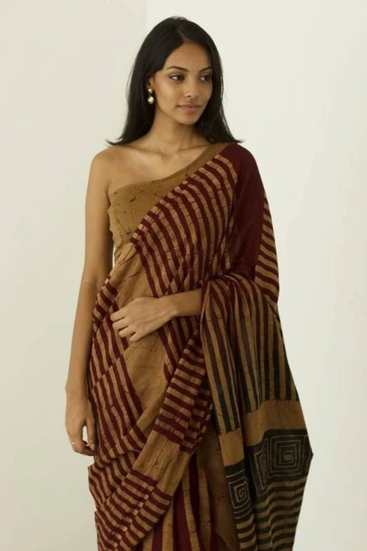 Brown Mulmul Cotton Saree