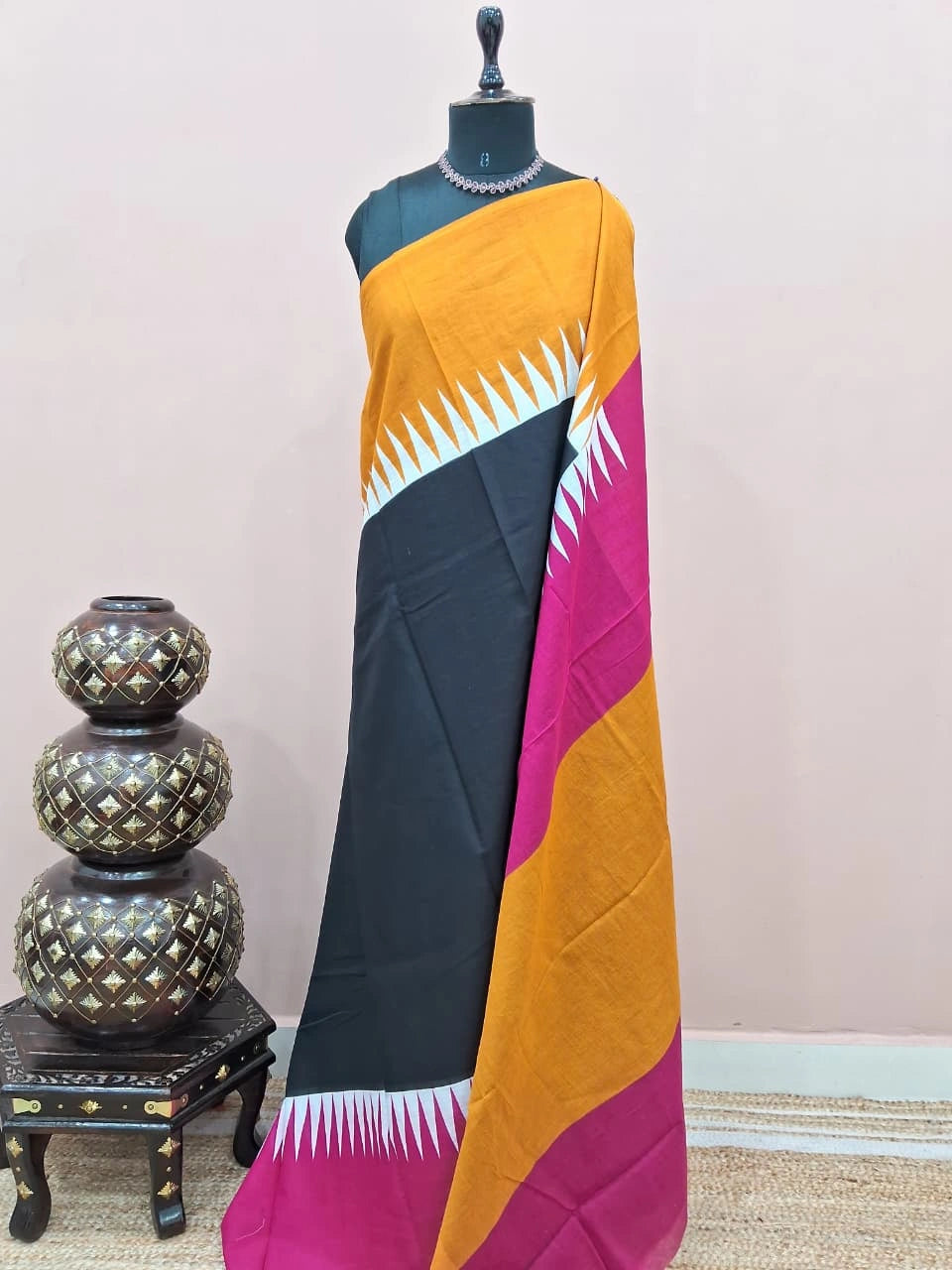 Elegant Vibrant Black Mulmul Cotton Saree