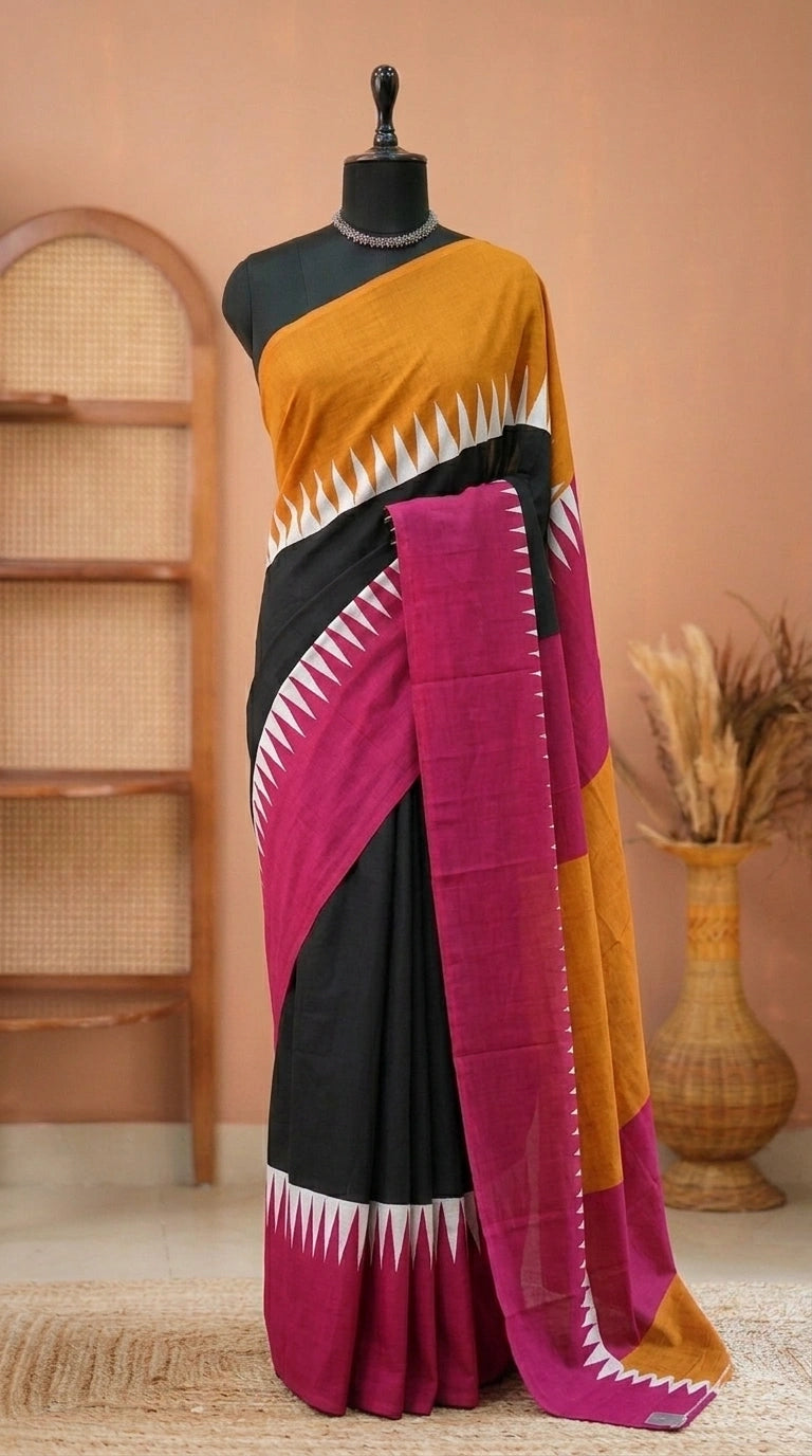 Elegant Vibrant Black Mulmul Cotton Saree