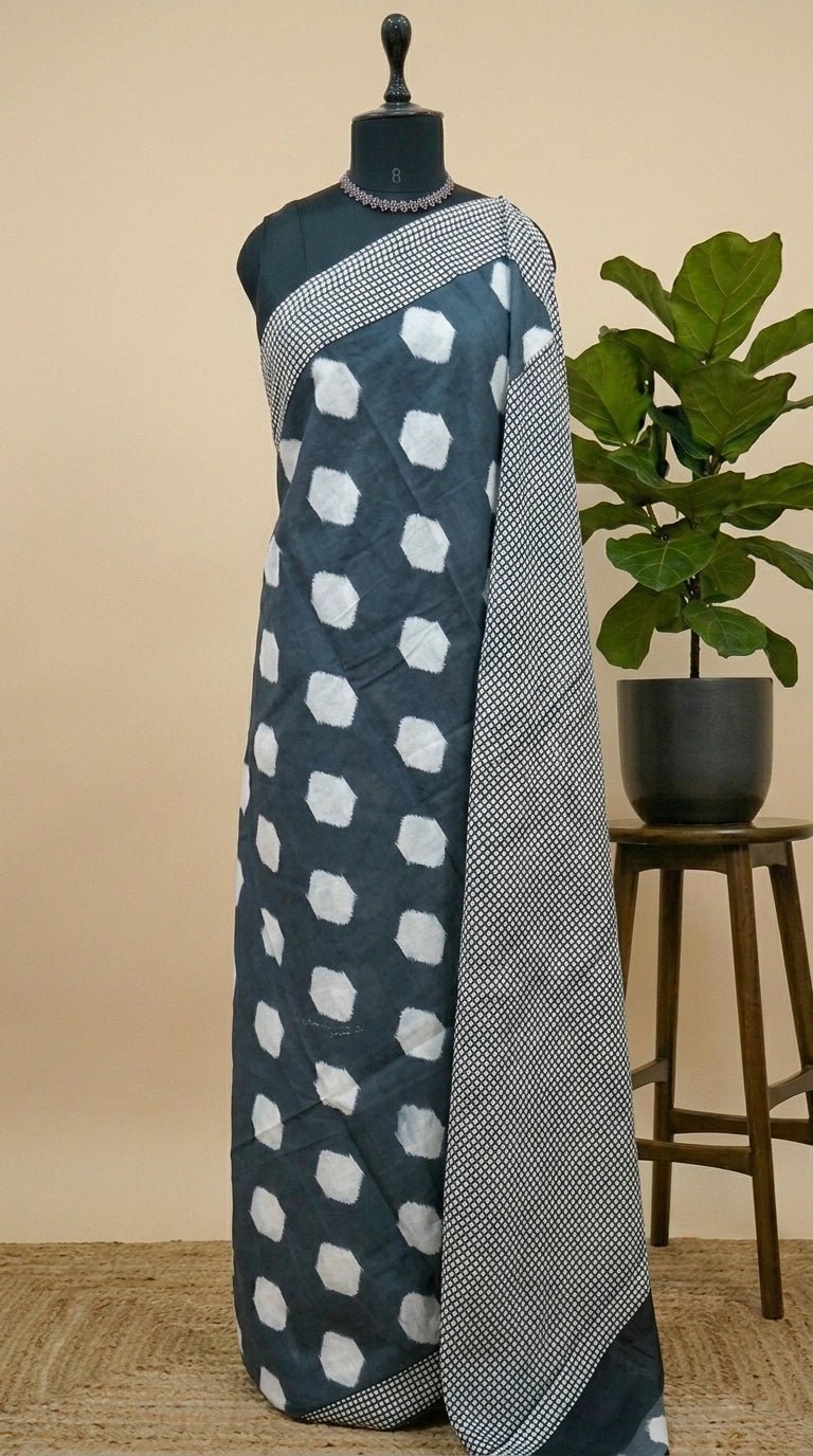 Beautiful Metal Grey Mulmul Cotton Saree