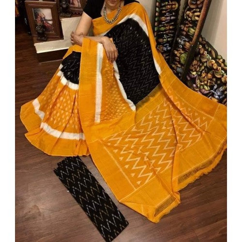 Black and Mango Yellow diamond printed mulmul saree