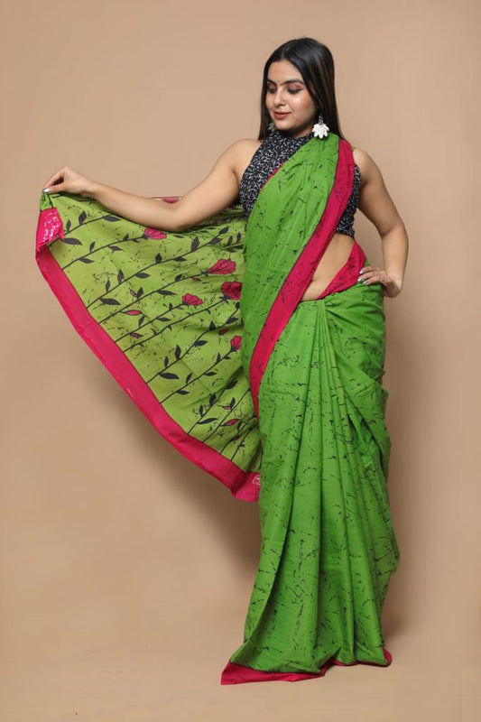Green mulmul cotton saree