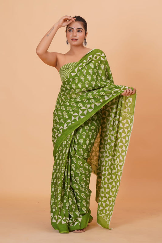 Green Mulmul Cotton Saree