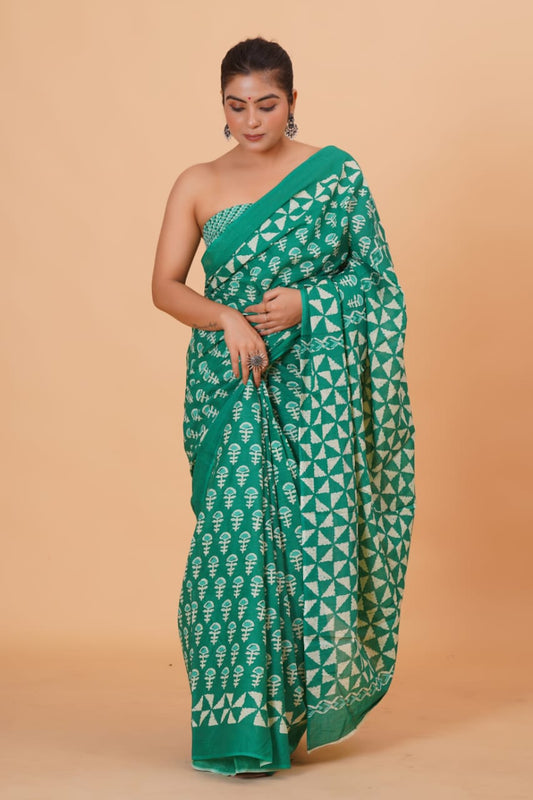 Rama Green Mulmul Cotton Saree 