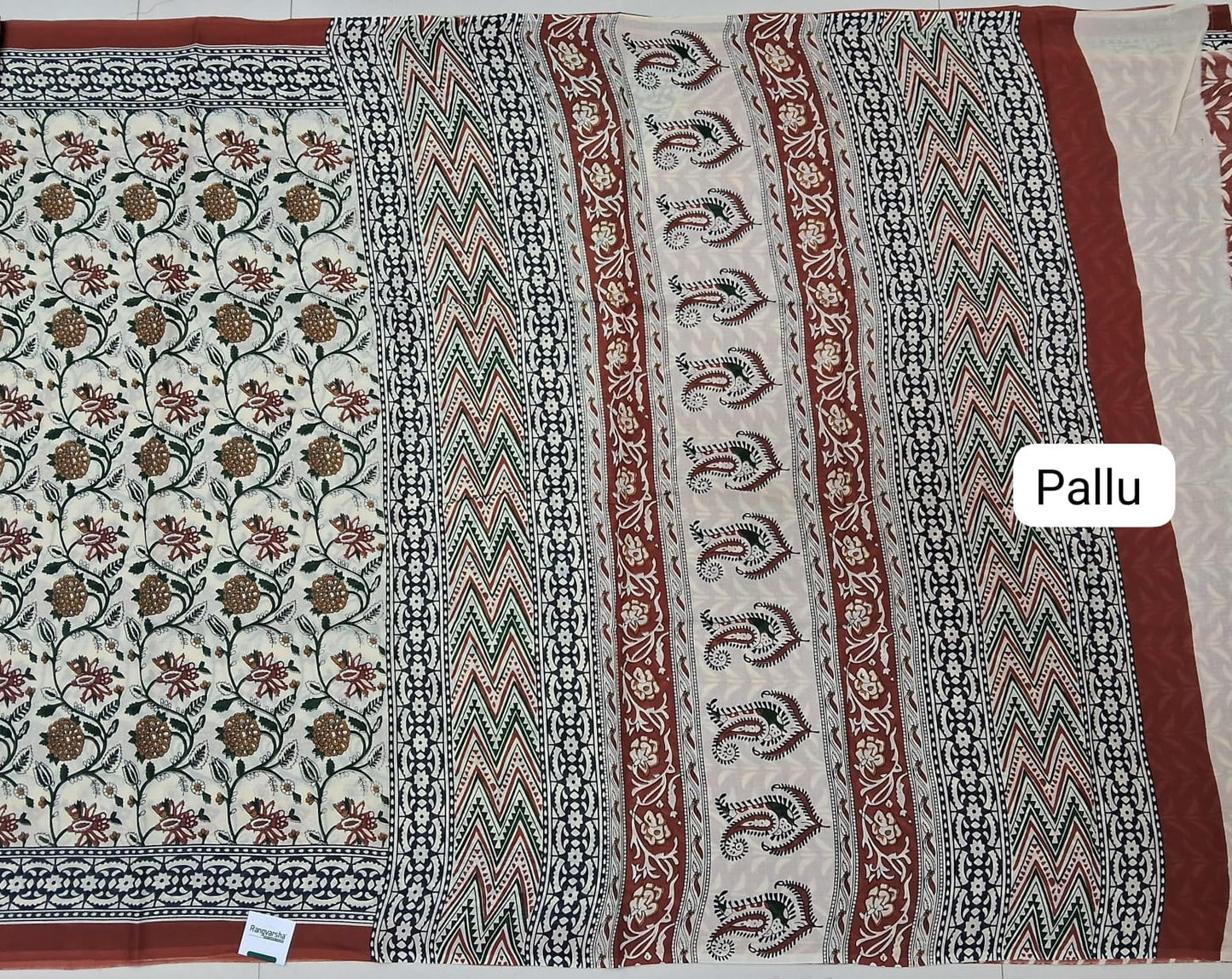 Fabric with various patterns including floral and geometric designs, labeled 'Pallu'.