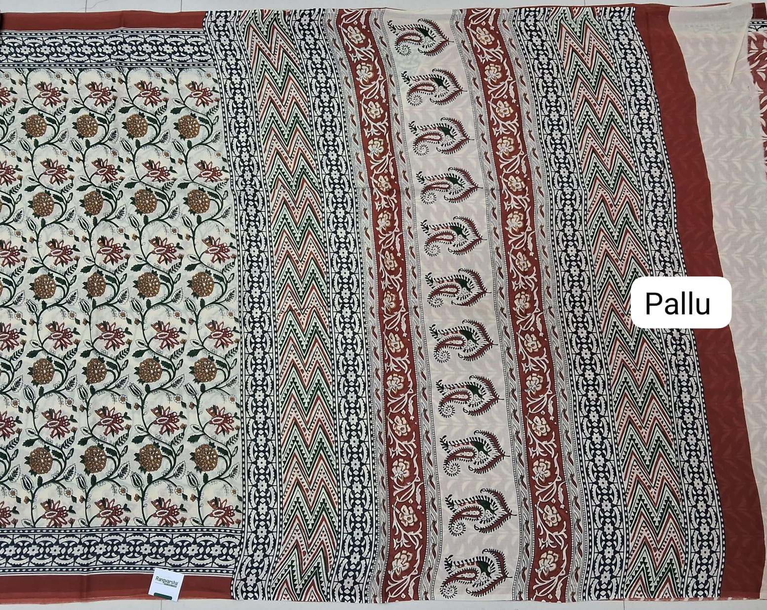 Fabric with various patterns including floral and geometric designs, labeled 'Pallu'.