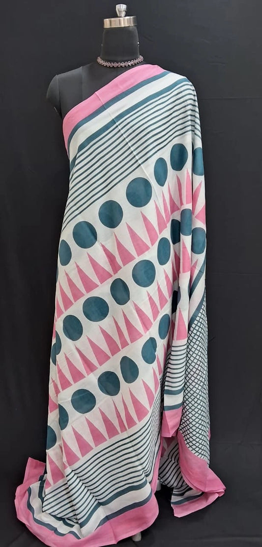 White, Teal & Pink Geometric Charm Mulmul Cotton Saree