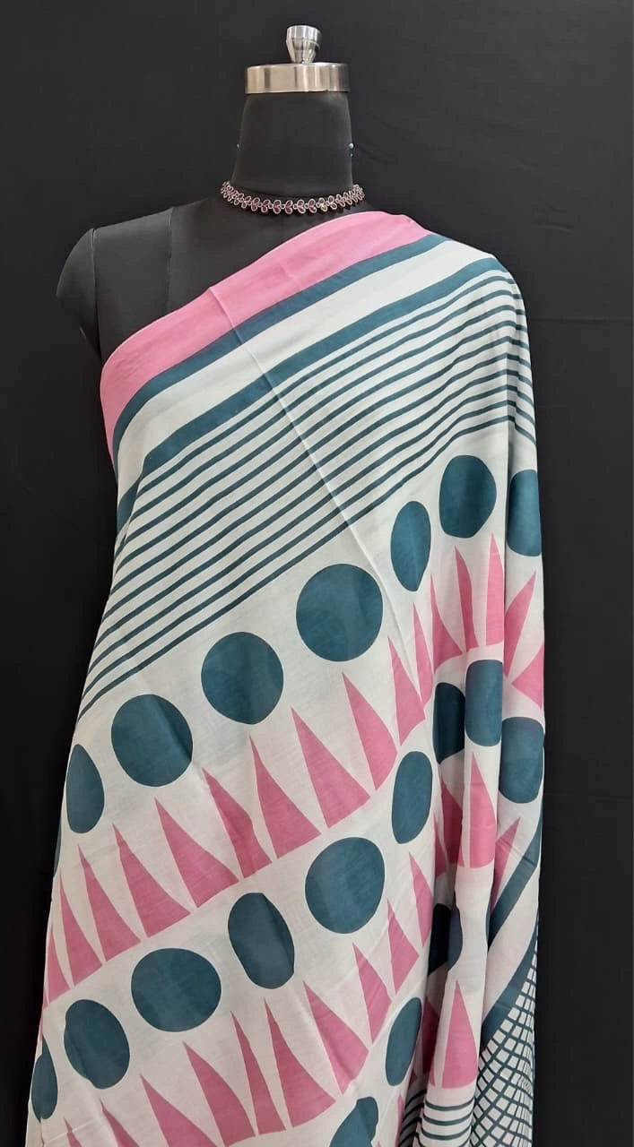 White, Teal & Pink Geometric Charm Mulmul Cotton