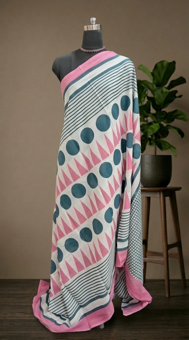 White, Teal & Pink Geometric Charm Mulmul Cotton