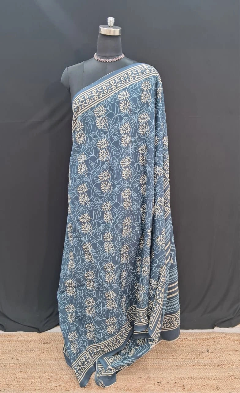 floral printed Dark Blue Mulmul Cotton Saree