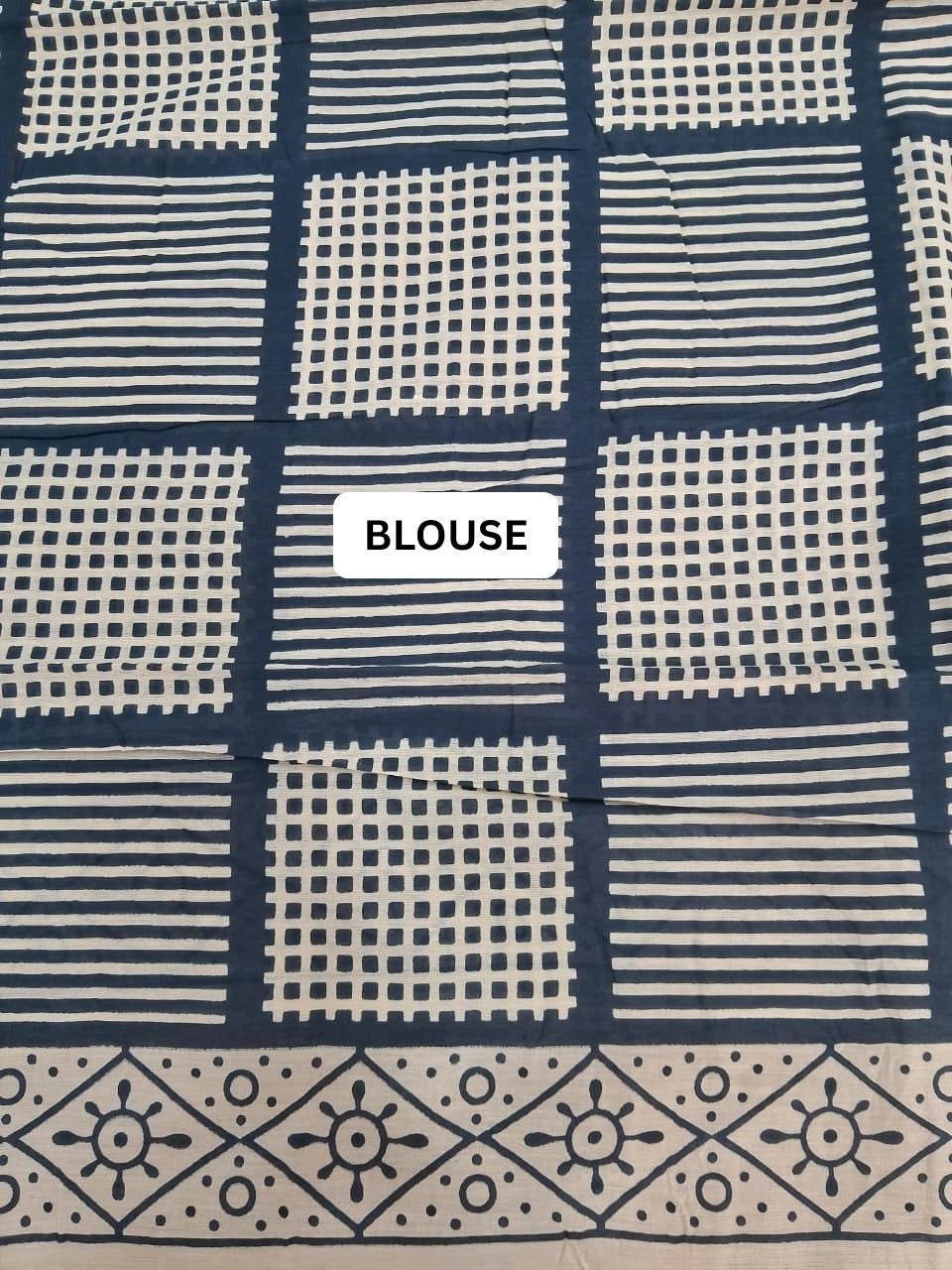 floral printed Dark Blue Mulmul Cotton Saree blouse