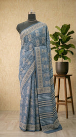 Traditional floral printed Dark Blue Mulmul Cotton Saree