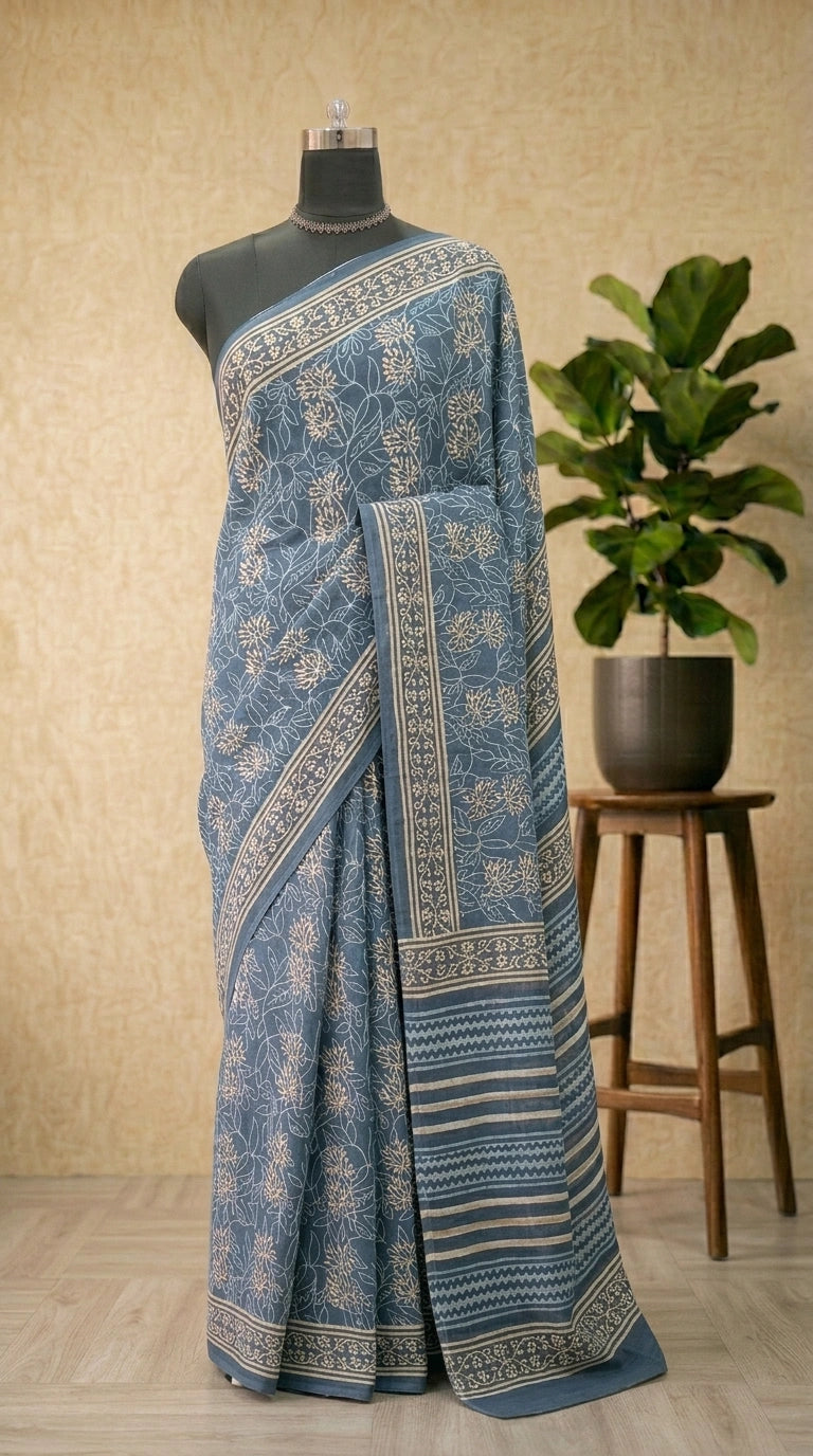 Traditional floral printed Dark Blue Mulmul Cotton Saree