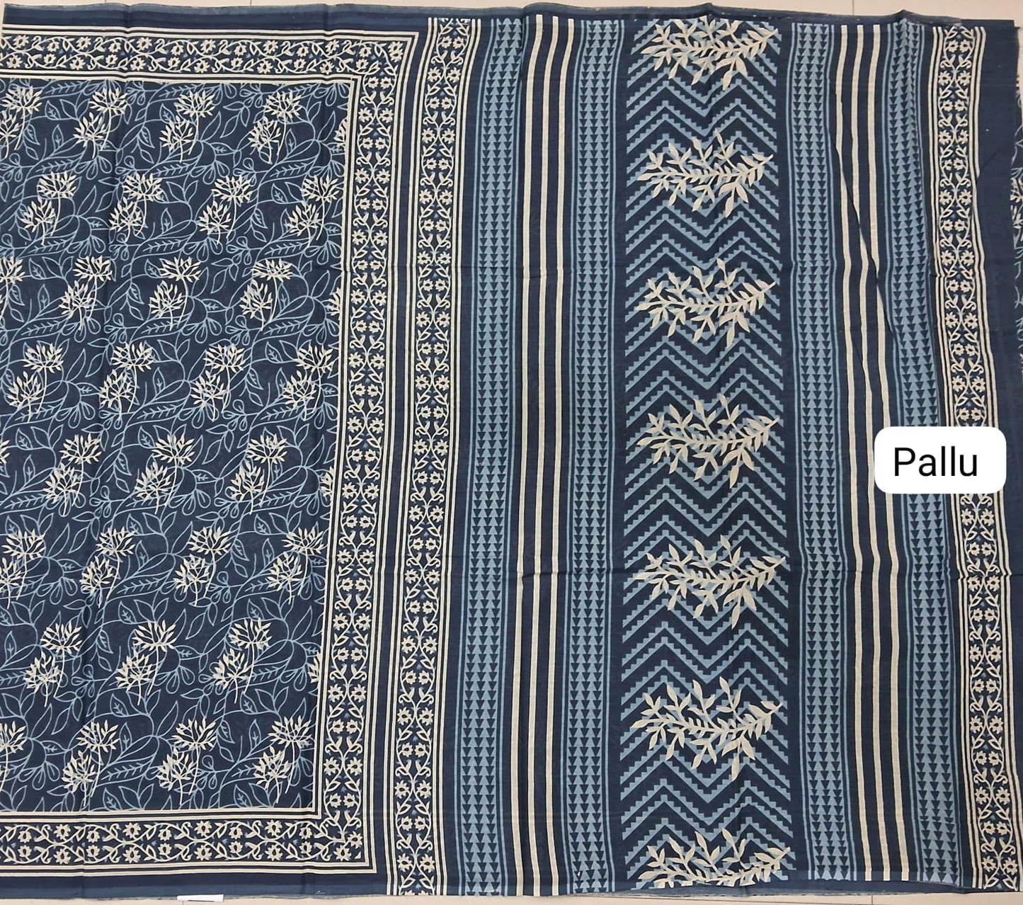 Dark Blue Mulmul Cotton Saree pallu