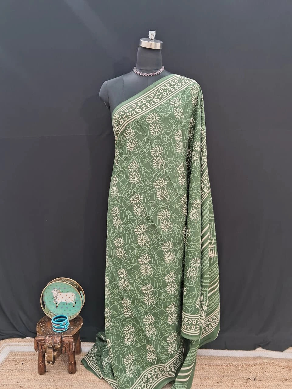 Traditional Light Green Mulmul Cotton Saree