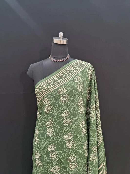 Traditional Light Green Mulmul Cotton Saree