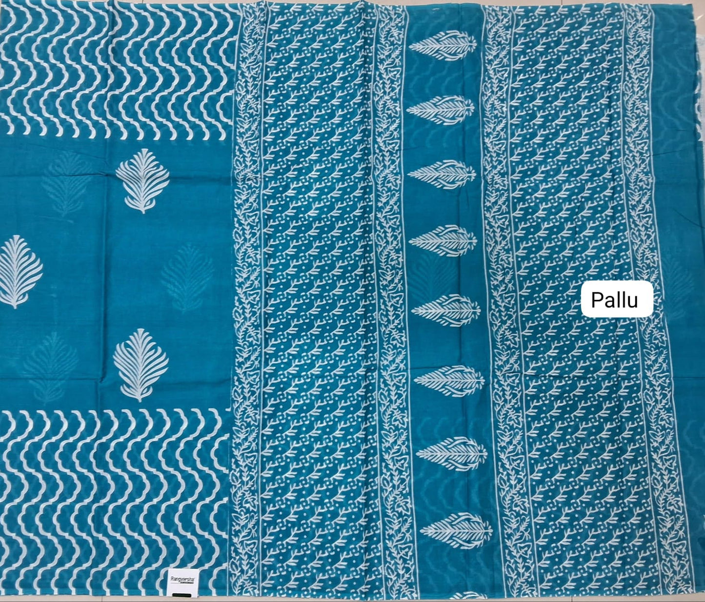 Caribbean Blue Mulmul Cotton Saree pallu