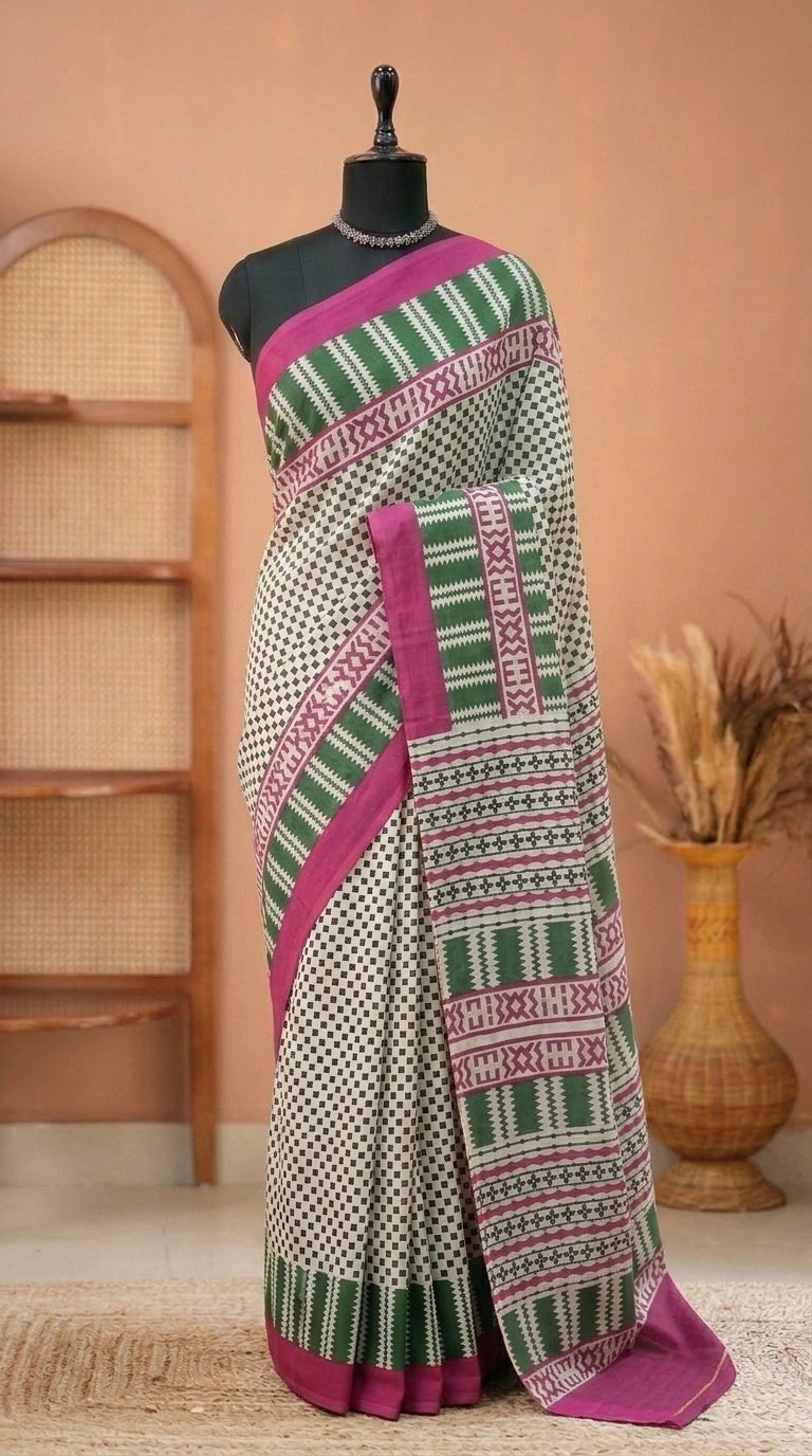 Black-White with Green & Magenta Border Mulmul Cotton Saree