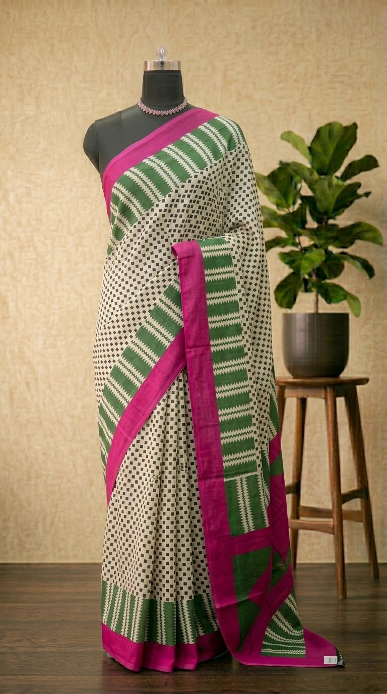 Black-White with Green & Magenta Border Mulmul Cotton Saree